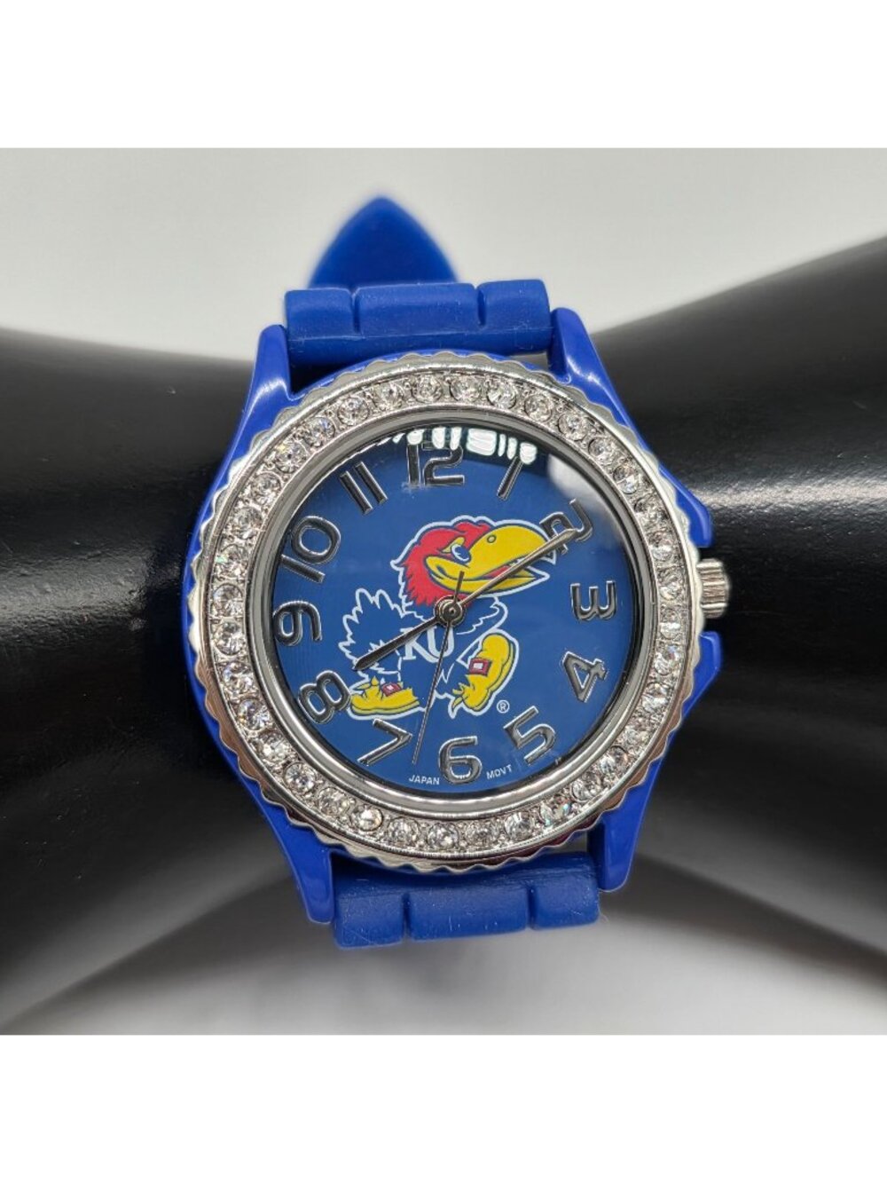 Kansas Jayhawks Blue Silicone Wristwatch Rhinestone Bezel & Stainless Steel